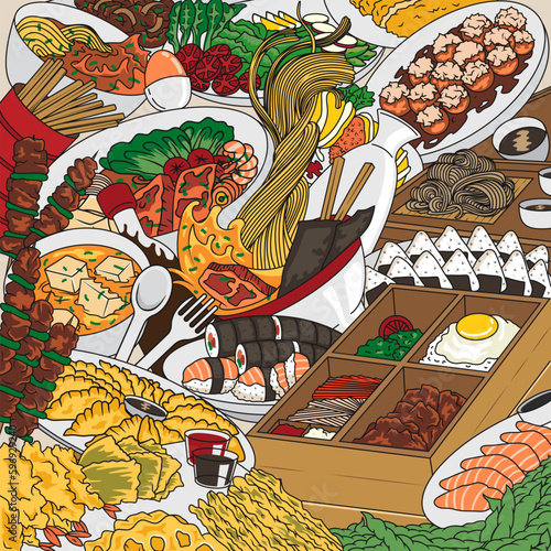 Japanese Cuisine or food  Doodle art illustration for print, poster, wall art mount and decoration.