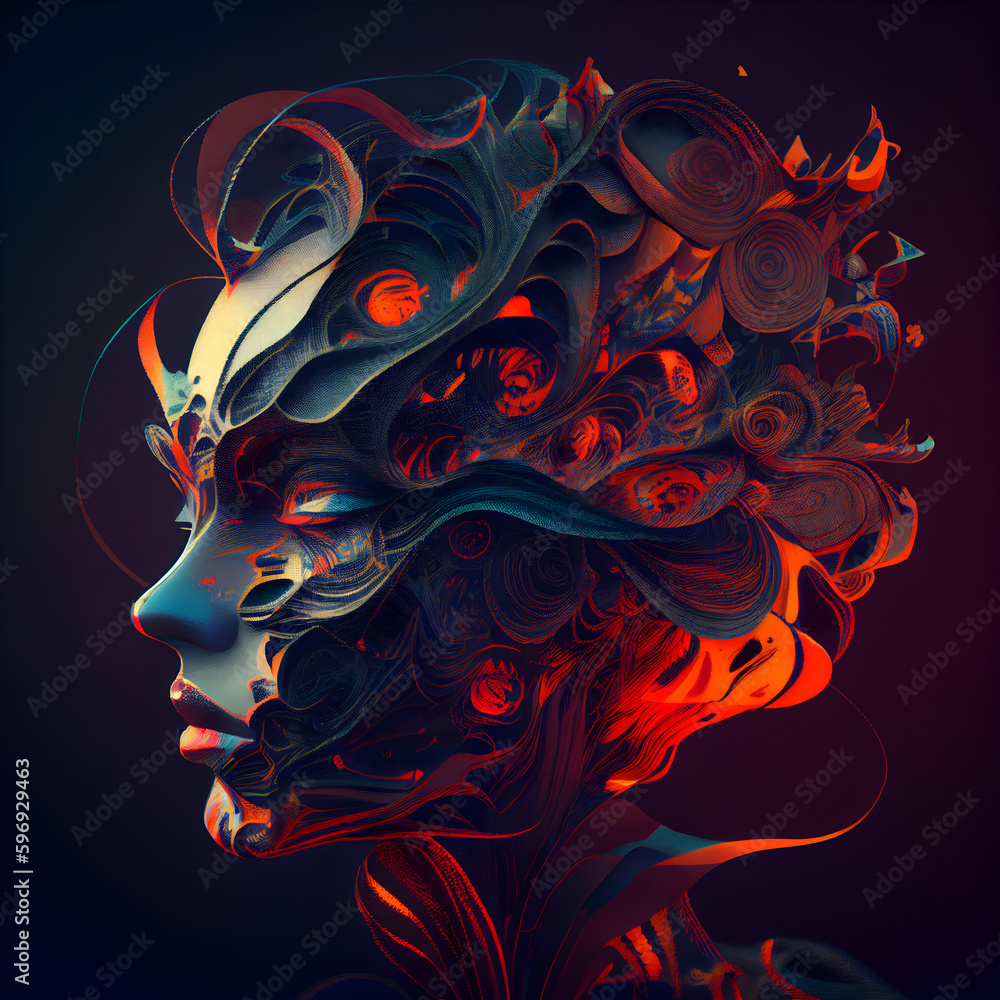 3D Illustration of a beautiful woman's face with abstract hair