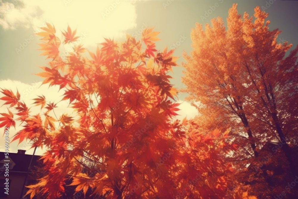 charming autumn scene with an orange-leaved tree in front of a cozy house. Generative AI