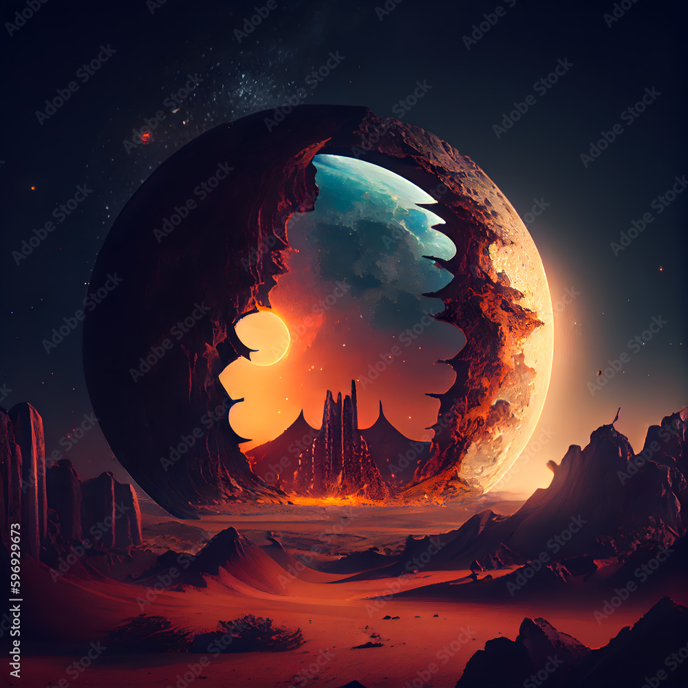 Fantasy landscape with planet and moon. Digital painting. 3D illustration.