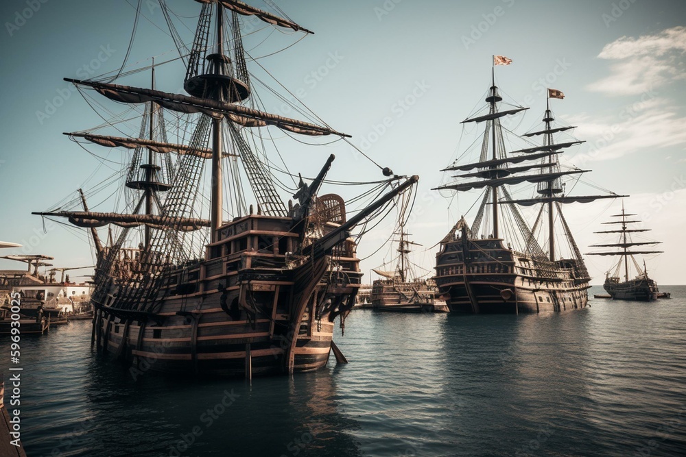 Replicas of Columbus' ships - Santa Maria, Nina, and Pinta. Generative AI
