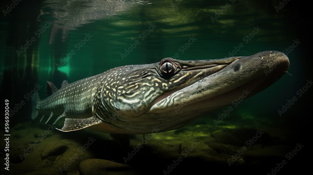 A photo of an alligator gar fish in brackish waters, shot in environmental portraiture style