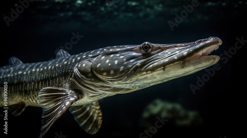 A photo of an alligator gar fish swimming in the water, featuring Wollensak lens and hyper-realistic wildlife portraits. The photo has a light magenta and dark emerald color scheme. © Raphael