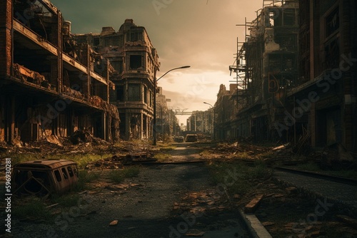 Decaying remains of post-apocalyptic metropolis. Generative AI