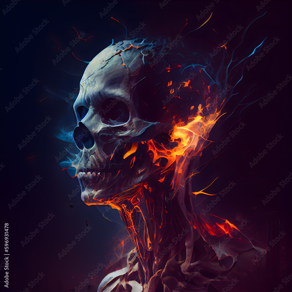 3D illustration of a human skull with flames on a dark background