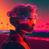 Double exposure portrait of a woman wearing virtual reality glasses on the beach.
