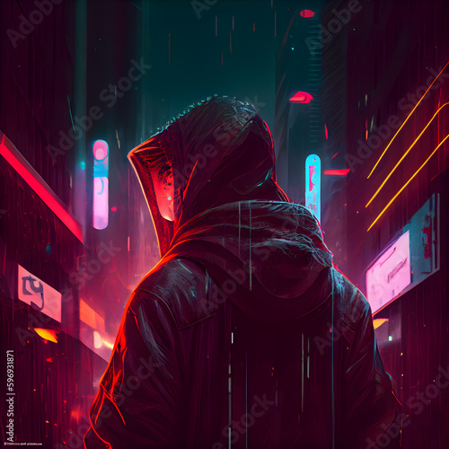Digital illustration of a man in a hood against a background of neon lights