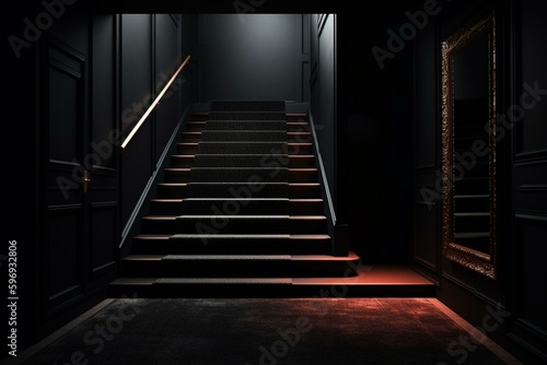 A dark room with black door and stairs on black carpet. Generative AI