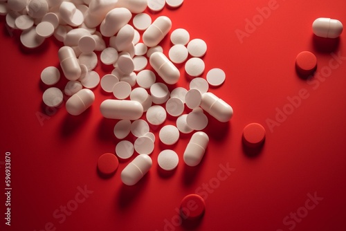 Top view of white pills on red background. Illustration representing healthcare and medicine. Generative AI