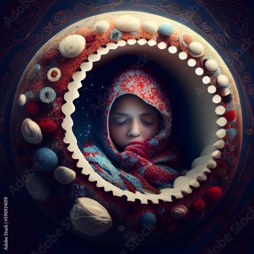 Girl in winter clothes in the hole of the planet. 3d rendering