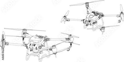 Drones Agro Quadrocopter FPV Line Stroke. Drone Vector Isolated. White Background. R2023001