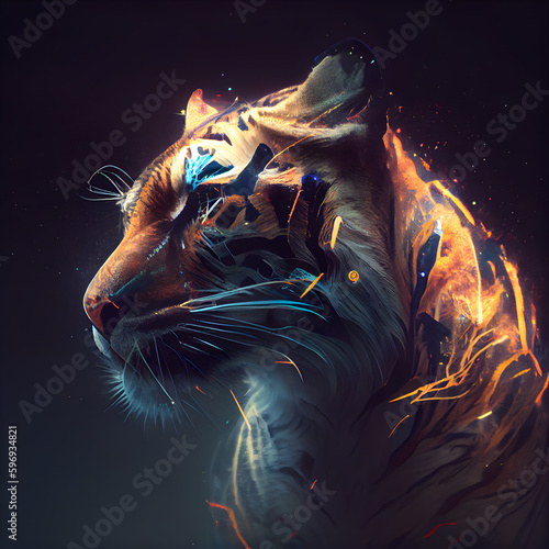 Tiger with fire effect on a dark background. Artwork.