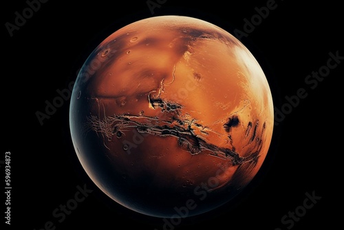 A high-res depiction of Mars, the Red Planet, in space. Isolated on a white background. Generative AI