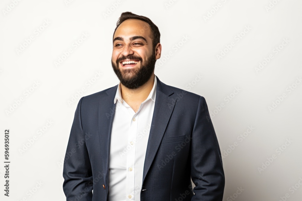 Handsome bearded man smiling and looking at camera on white background Handsome bearded man smiling and looking at camera on white background