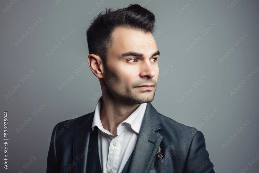 Portrait of a pensive young businessman looking away over gray background Portrait of a pensive young businessman looking away over gray background