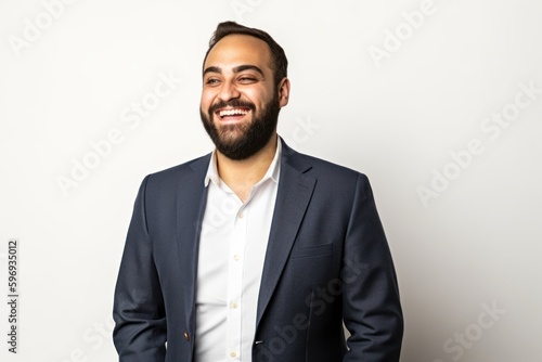 Handsome bearded man smiling and looking at camera on white background
