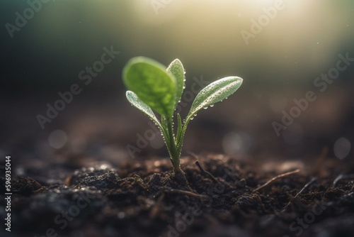 A young plant's small seedling on green bokeh. Generative AI