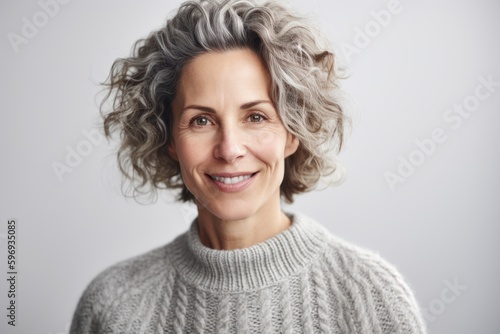 Lifestyle portrait photography of a pleased woman in her 40s wearing a cozy sweater against a white background. Generative AI