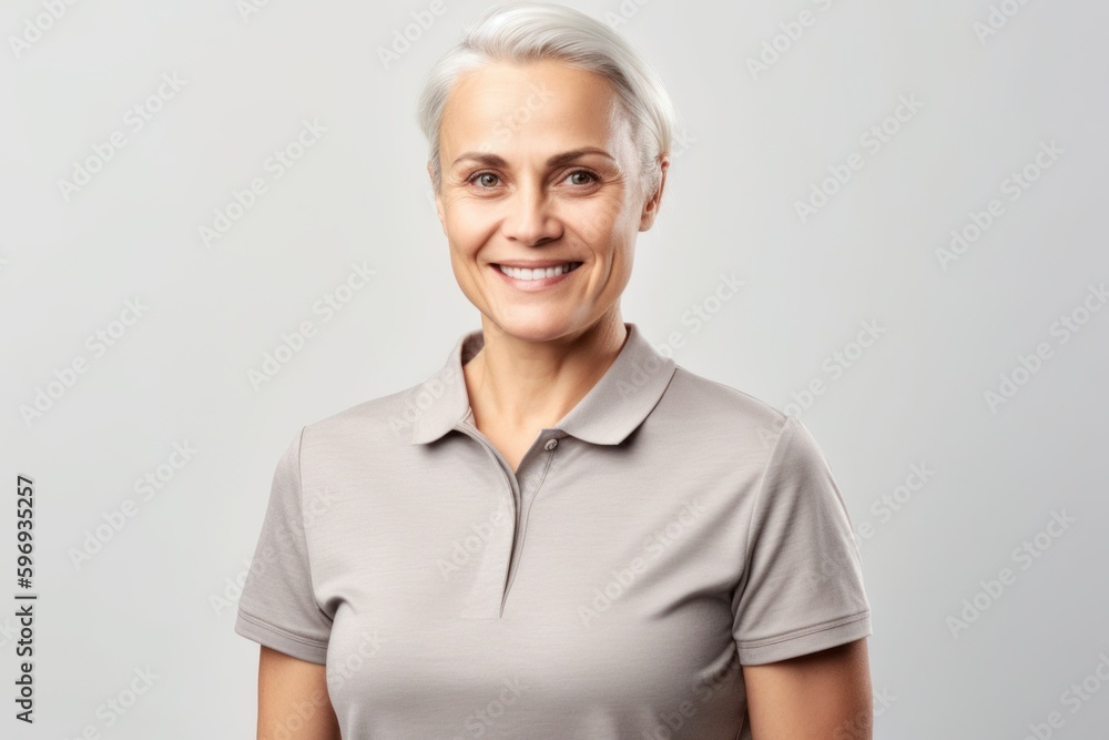 Full-length portrait photography of a grinning woman in her 40s wearing a sporty polo shirt against a white background. Generative AI Full-length portrait photography of a grinning woman in her 40s wearing a sporty polo shirt against a white background. Generative AI