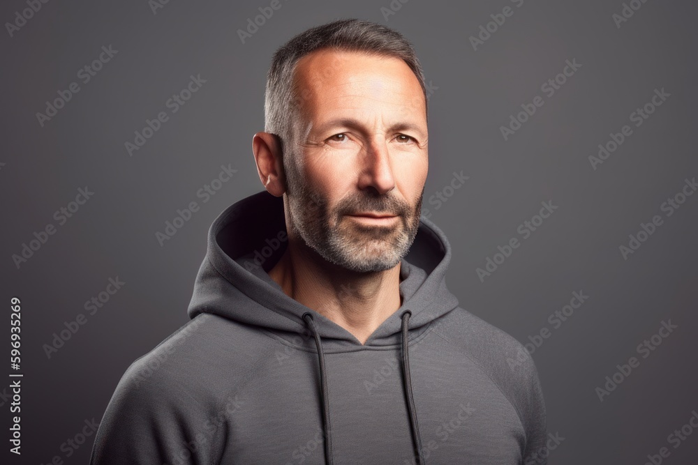 Obraz premium Portrait of a handsome middle-aged man in a gray hoodie on a gray background