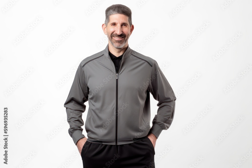 Portrait of a happy middle-aged man standing with hands on hips isolated on a white background Portrait of a happy middle-aged man standing with hands on hips isolated on a white background
