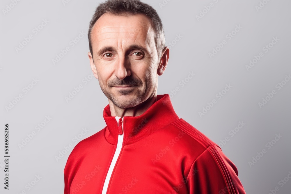 Pet portrait photography of a pleased man in his 40s wearing a comfortable tracksuit against a white background. Generative AI Pet portrait photography of a pleased man in his 40s wearing a comfortable tracksuit against a white background. Generative AI