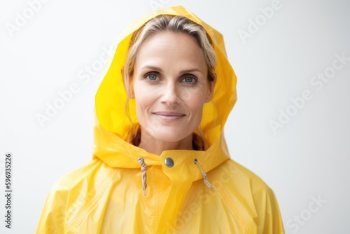 Portrait of a woman in a yellow raincoat on a white background © Anne-Marie Albrecht