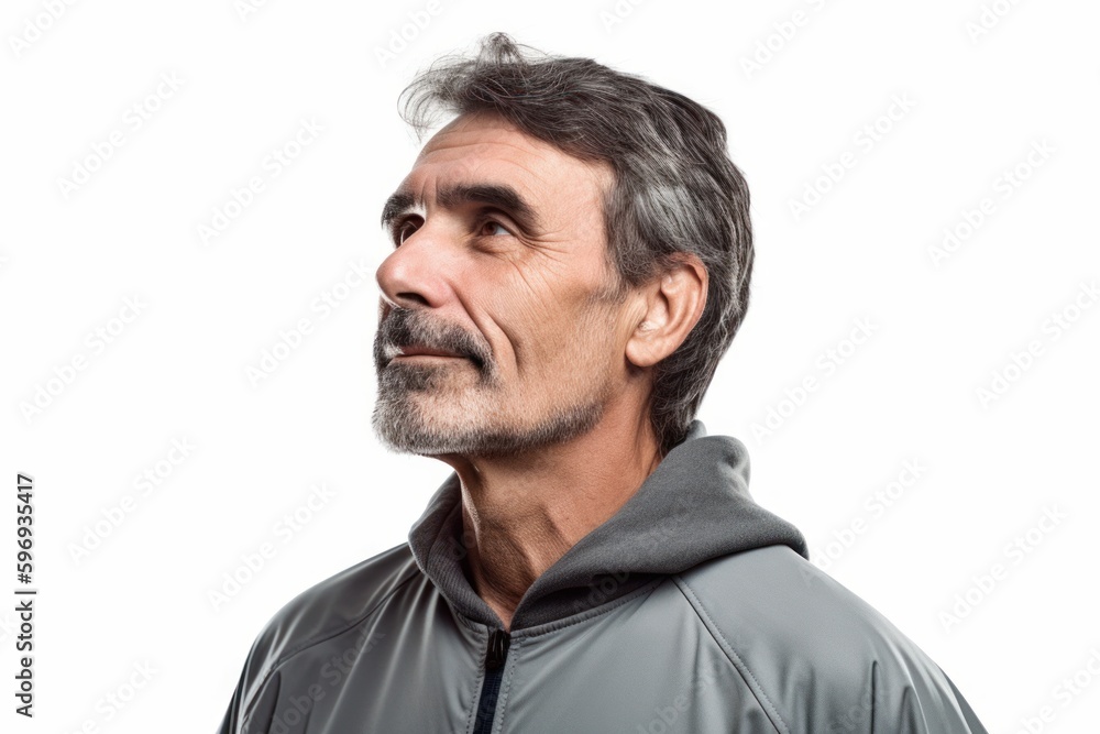 Handsome middle aged man with grey hair and beard looking up Handsome middle aged man with grey hair and beard looking up