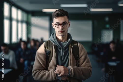 Portrait of a handsome young man with backpack standing in a classroom
