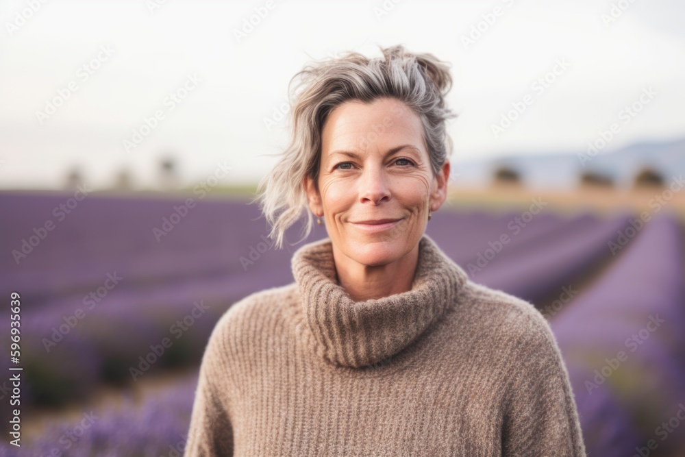 Portrait of smiling mature woman standing in lavender field on a sunny day