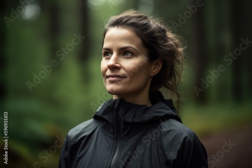 Portrait of a beautiful young woman in a black jacket on a forest path