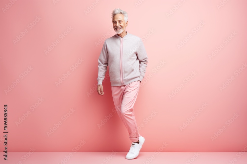 full length of smiling senior man in pink tracksuit standing on pink full length of smiling senior man in pink tracksuit standing on pink