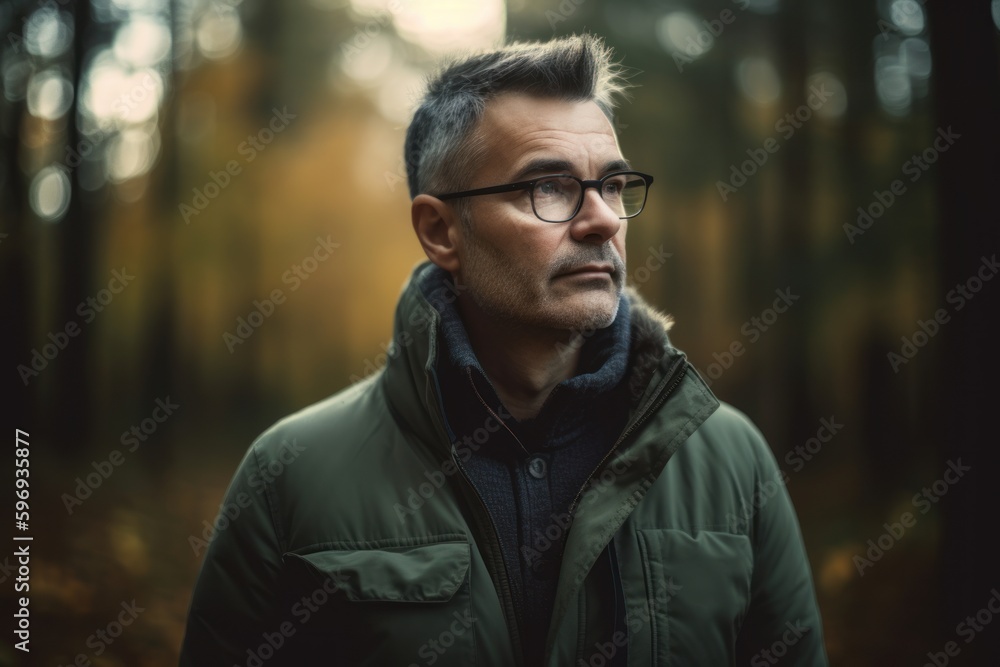 Portrait of a handsome middle-aged man in the autumn forest
