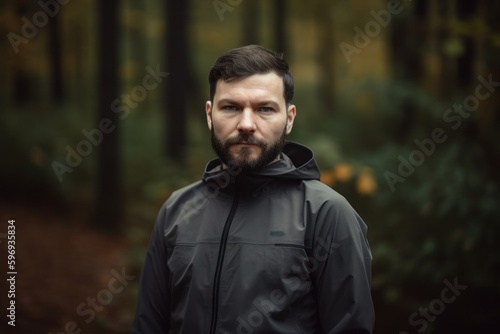 Portrait of a bearded man in a jacket in the autumn forest