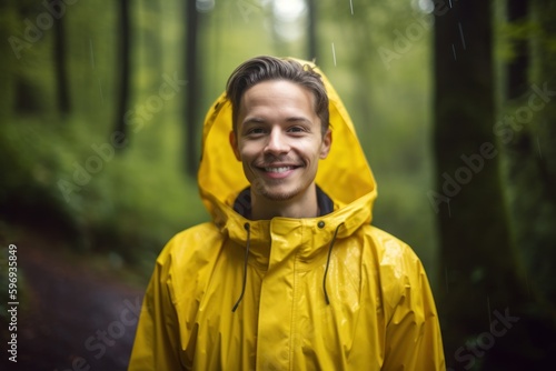 Young man in yellow raincoat standing in rain forest and smiling.