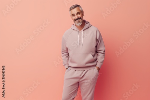 smiling senior man in pink tracksuit looking at camera isolated on pink photo