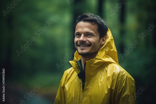 Portrait of a smiling man in raincoat standing in the rain