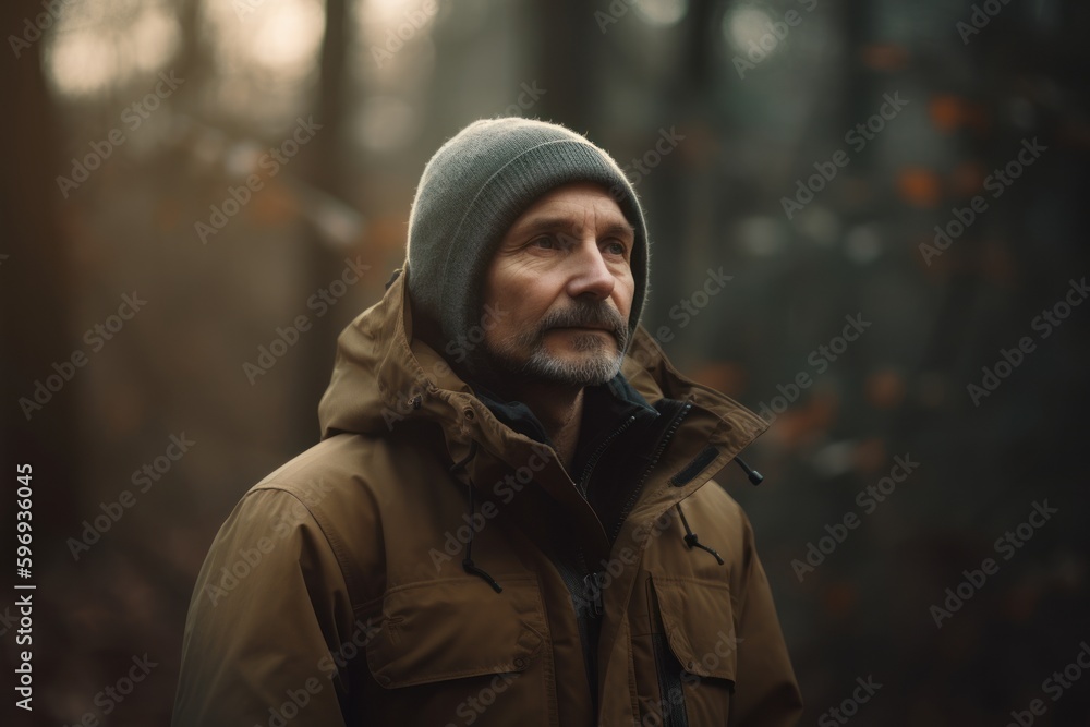 Portrait of a man in a hat and jacket in the autumn forest Portrait of a man in a hat and jacket in the autumn forest