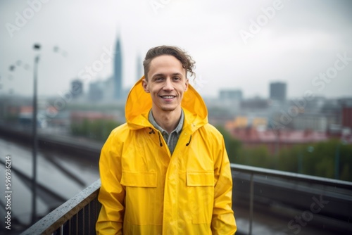 Portrait of a young man in a yellow raincoat on the background of the city