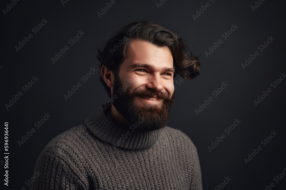 Portrait of a smiling bearded man in a sweater on a dark background
