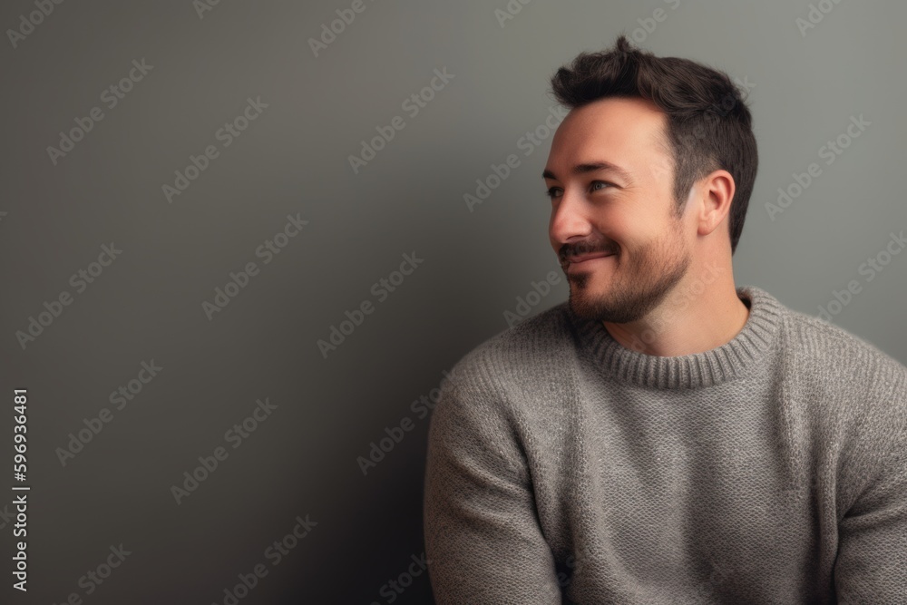 Young handsome man in a grey sweater on a gray background. Copy space. Young handsome man in a grey sweater on a gray background. Copy space.