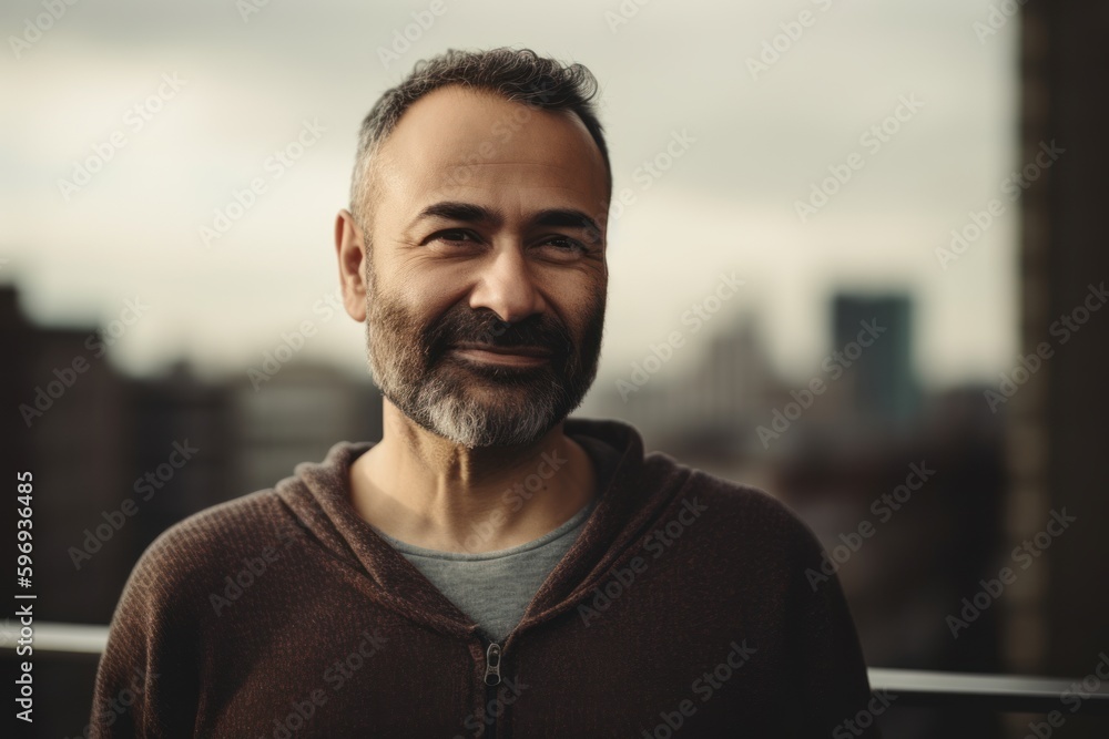 Portrait of a handsome middle-aged man with a beard and mustache on the background of the city