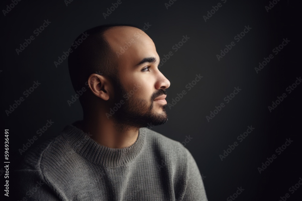 Portrait of a handsome young man in a gray sweater on a dark background