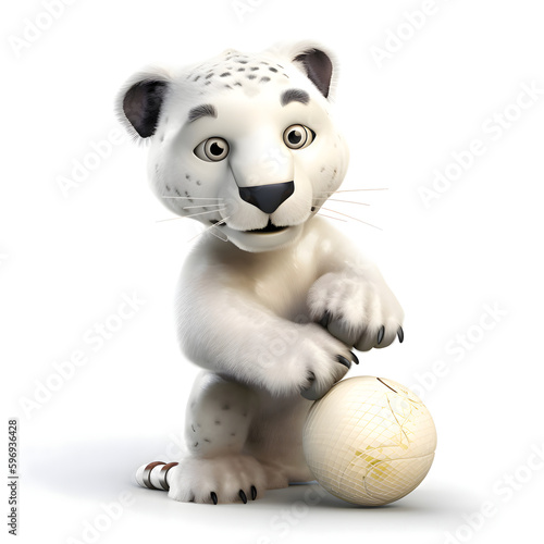 3D rendered illustration of a cute white leopard with a globe