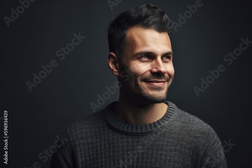 Portrait of a handsome young man smiling on a dark background.
