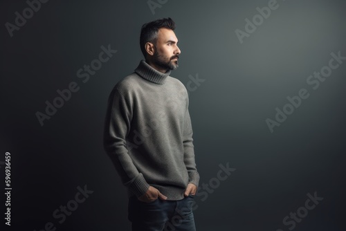 handsome bearded man in grey sweater looking away isolated on grey background
