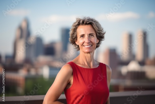 Pet portrait photography of a pleased woman in her 40s wearing a simple tunic against a cityscape background. Generative AI