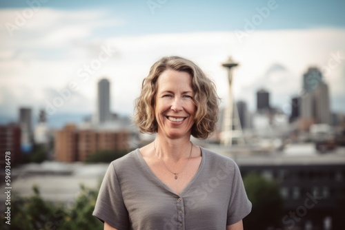 Portrait of smiling mature businesswoman standing in front of city skyline