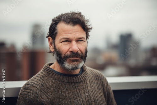 Portrait of a handsome middle-aged man with gray beard and mustache in a knitted sweater against the background of the city