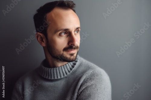 Portrait of a handsome young man in sweater on grey background.